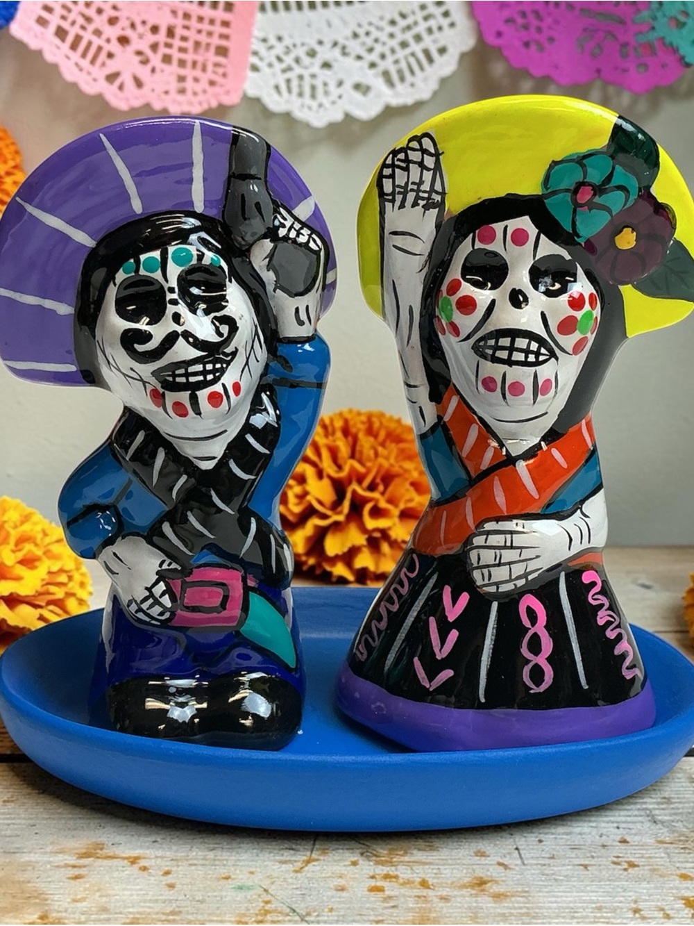 Hand-Painted Mexican Day of the Dead Salt & Pepper Shakers - Bright Multicolor